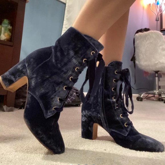 Navy Velvet Boots - Picture 1 of 3